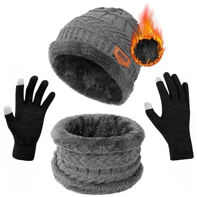 Good Friends Woolen Winter Cap for Men Women Woolen Beanie hat with Neck Muffler and Super Warm Touchscreen Gloves with Thick Fleece Lined Elastic Free Size Winters Wear for Snowboarding & Travel