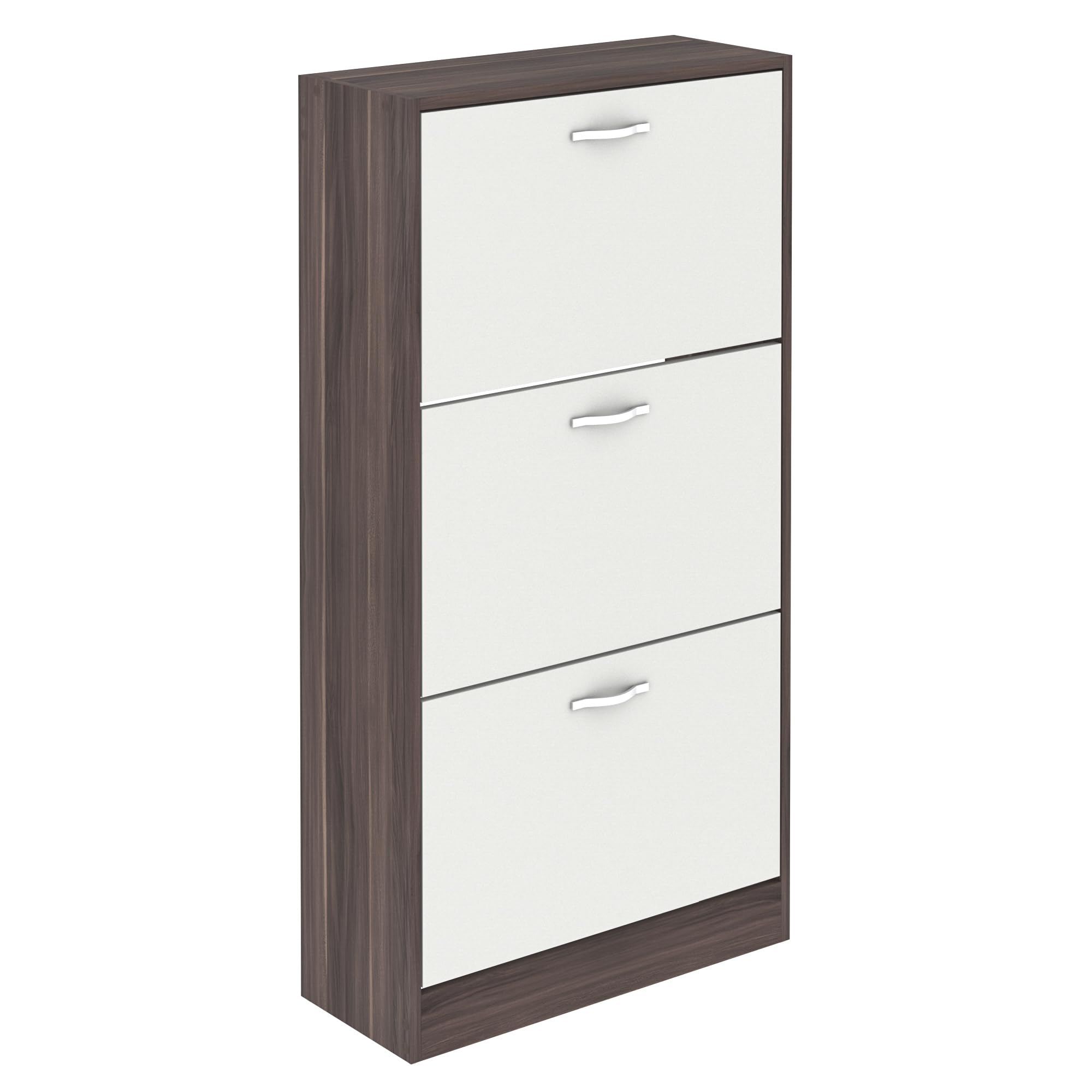 Vida Designs Shoe Cabinet, Wooden Shoe Storage Unit with 3 Pull-Down Drawers, Multifunctional Dust-Proof Space-Saving Slim Cupboard for Hallway or Entryway (Walnut & White)