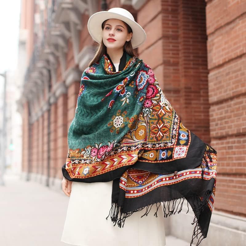 DANA XU 100% Merino Wool Pashmina Shawl for Women 96"x43", Oversized Cashmere Wrap with Tassels, Floral Travel Blanket Cape - Image 9