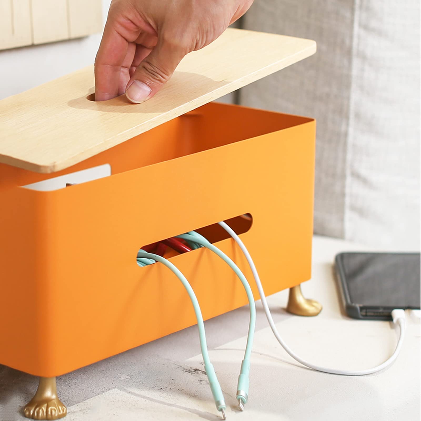Caja organizadora de Cables Iron Art Home Cable Power Strips Caja de Almacenamiento Caja organizadora de Cables Caja organizadora de Cables Creativa con Cubierta de Madera para Cable y Organizador d