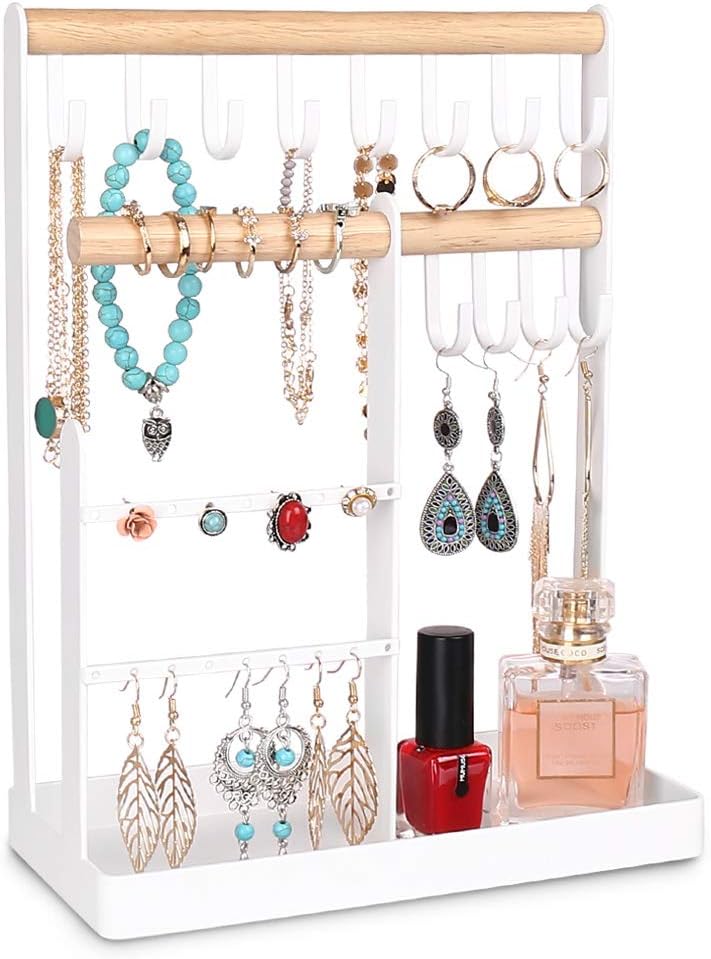 Haturi Jewelry Stand Organizer, Earring Hanging Display Holder Stand Metal Display Tree Organizer with Storage Tray for Short Necklace Bracelet Ring, White