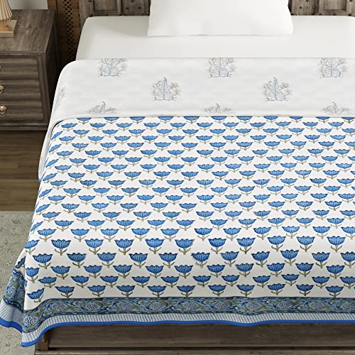 Image of BLOCKS OF INDIA Hand Block Printed Cotton Summer Single Size Reversible Printed Malmal Dohar- Multicolor (Blue BUTI)