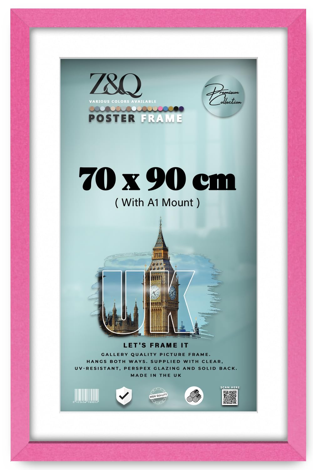 Z&Q - Rectangle Classic Black MDF Wood Finish (90 x 70 cm) Frame for Posters with A1-(59.40 x 84.10 cm) White Mount Eton Wood 36 x 28 Inch For Art Gallery, Home Décor [ Pink ]