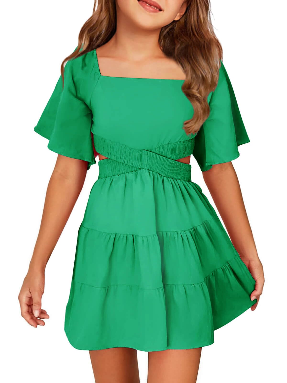 Batermoon Girls Summer Dress Square Neck Short Sleeve Crossover Waist Casual A-line Mini Dress