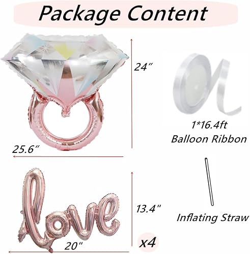 Miniatura 6 de Juego de globos de aluminio con anillo de diamante, 5 piezas de suministros para despedida de soltera, novia, fiesta, boda, compromiso, decoración