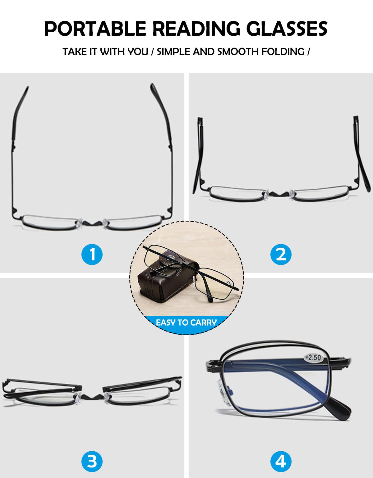 KOOSUFA Faltbare Selbsttönende Gleitsicht Lesebrille Gleitsichtbrille Progressive Multifokus Anti-Blaulicht Photochrome Herren Damen mit UV-Schutz Sonnenlesebrille Zusammenklappbar mit Etui 1,0-4,0