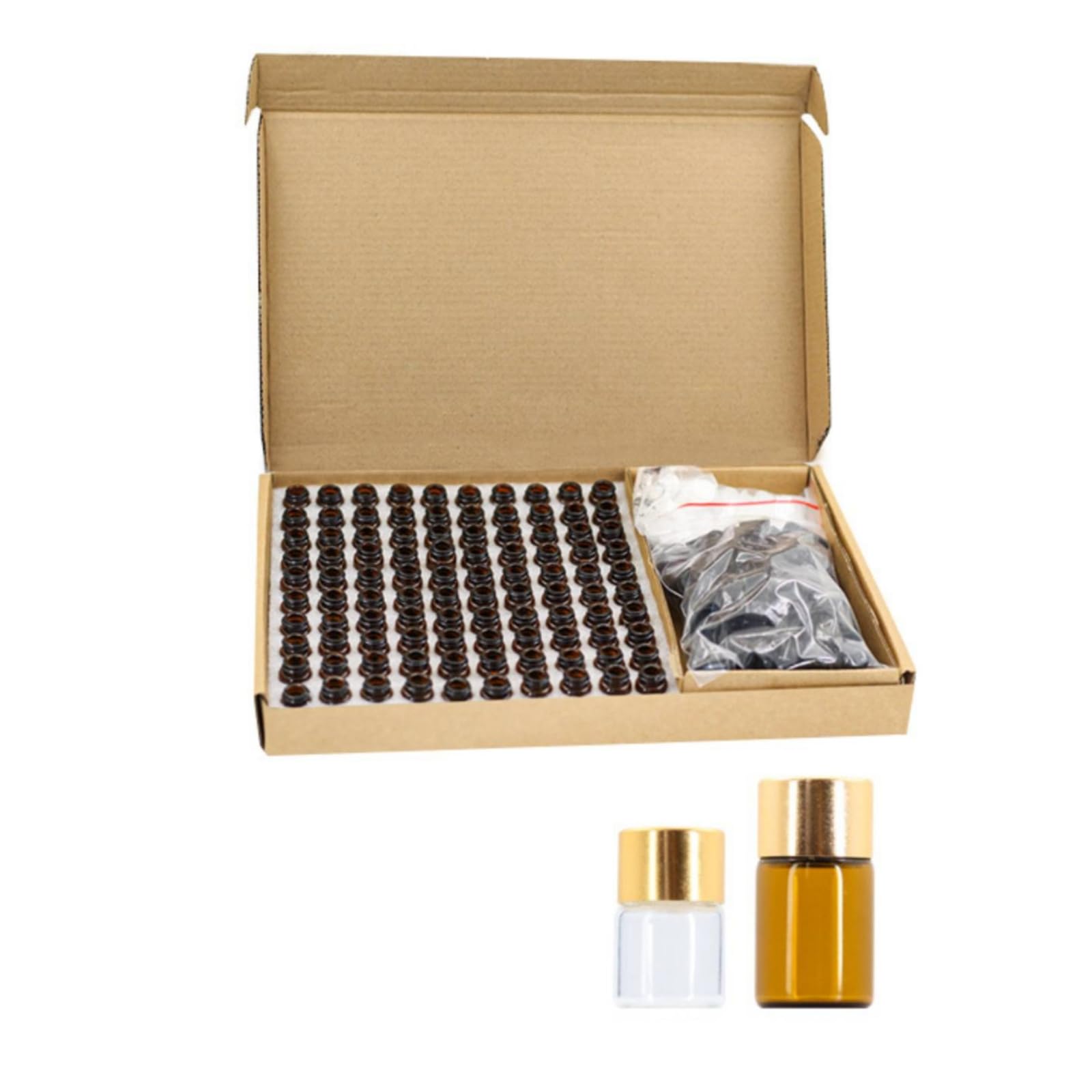 TISHITA 100 Pezzi Flaconcino in Vetro Vuoto Flaconcino Ricaricabile Flacone con Etichetta per Campionamento, 2ml, Bottiglia Color Ambra Con Tappo Dorato Liscio E Tappo Forato