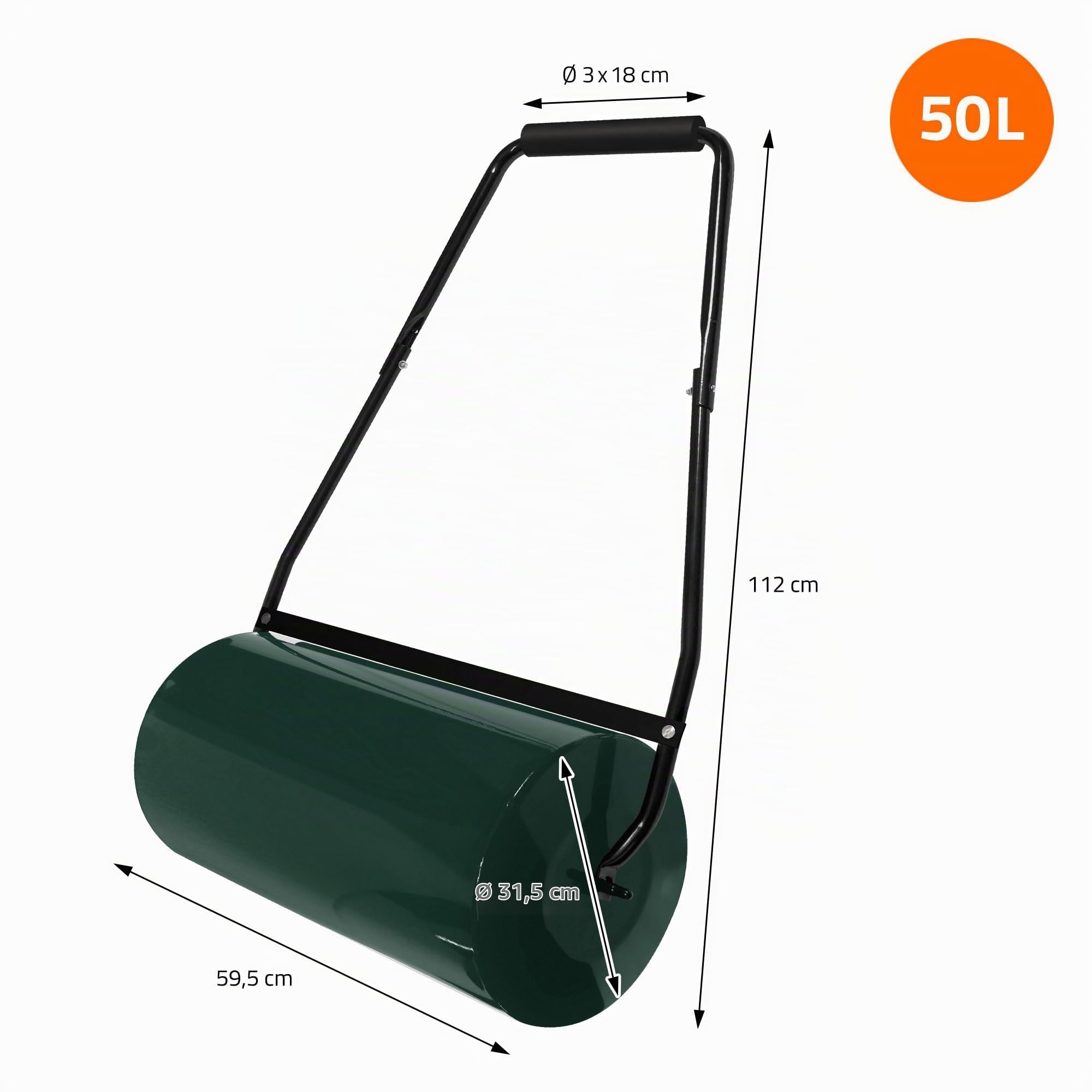 ECD Germany Rasenwalze befüllbar mit Wasser/Sand, Gartenwalze 50 Liter Füllvolumen, 60 cm breit, Bodenwalze mit Schmutzabweiser, Ø32 cm Handwalze Grün aus Stahl, Rasenroller zur Bodenverdichtung