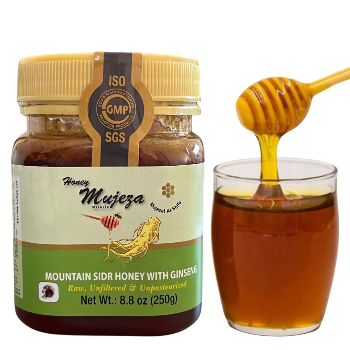 Raw Mountain Sidr Honey with Fresh Royal Jelly and Red Korean Ginseng | Immune Booster, Sugar & Gluten Free | 100% Natural Raw Liquid Honey for Men & Women (250g/8.8oz)