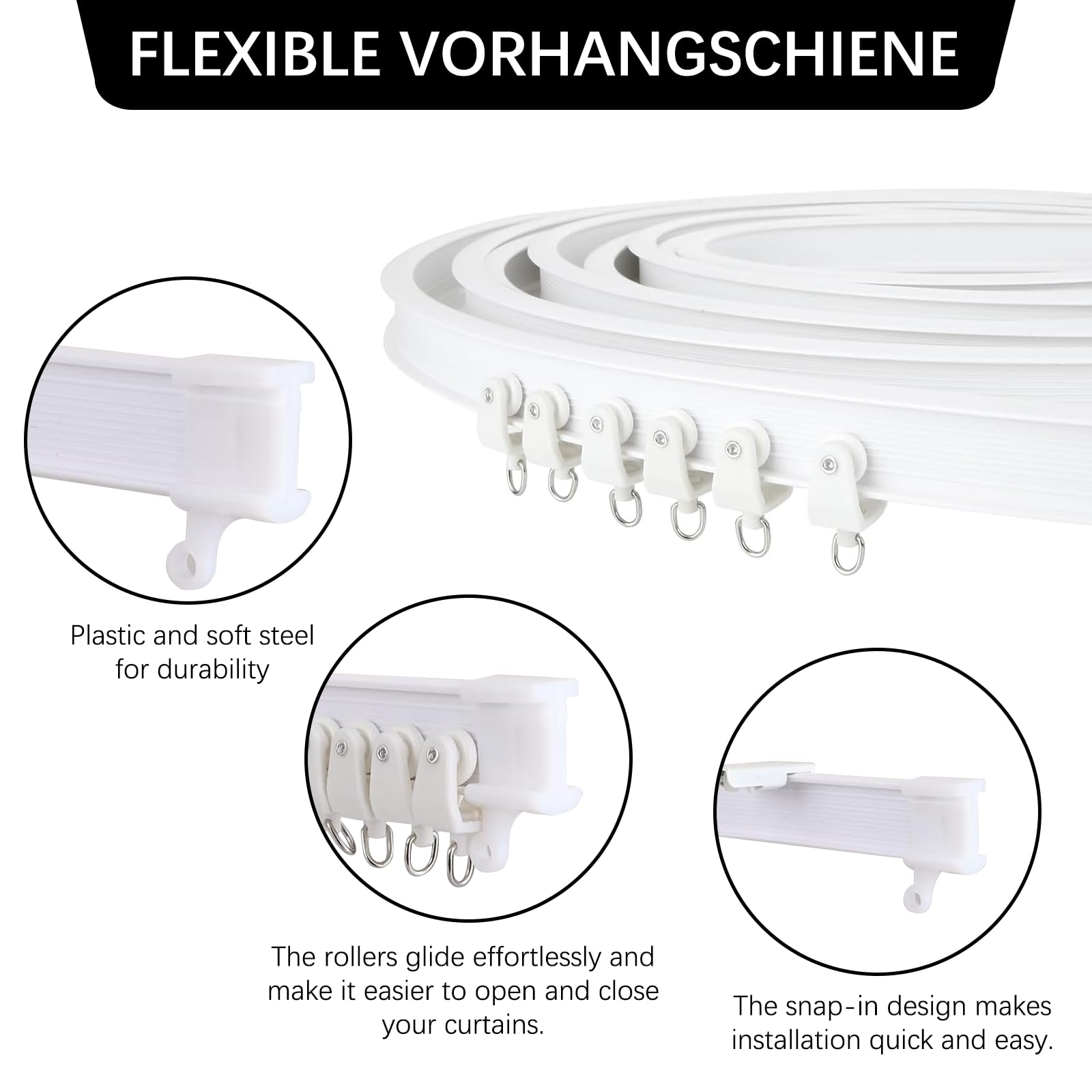 Binario flessibile per tenda da soffitto, 10 m, con ruote silenziose, ideale per finestre della doccia, divisori per camper, privacy e decorazione per la casa, bianco