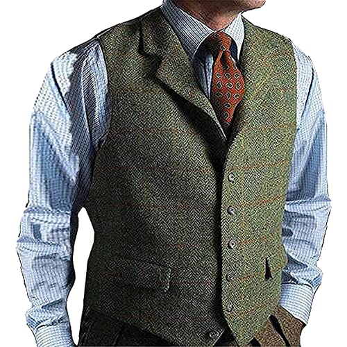 Men's Wool Green Grid Herringbone Groom Vests Formal Groom's Wear Suit Vest Skinny Wedding Dress Waistcoat2