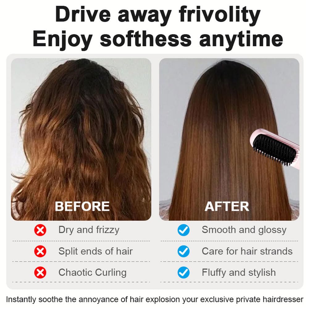 Brosse à Cheveux électrique, Brosse lissante sans fil, Rechargeable Brosse Chauffante pour Femmes et Hommes sans fil avec affichage LED - 3 Niveaux de Température - Pour lisser et Boucler (Rose)