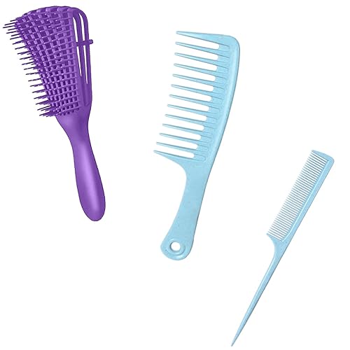 BEROYAL Juego de peines para el cabello Cepillo desenredante para cabello húmedo, peine de dientes anchos, peine de cola Paquete multifuncional,