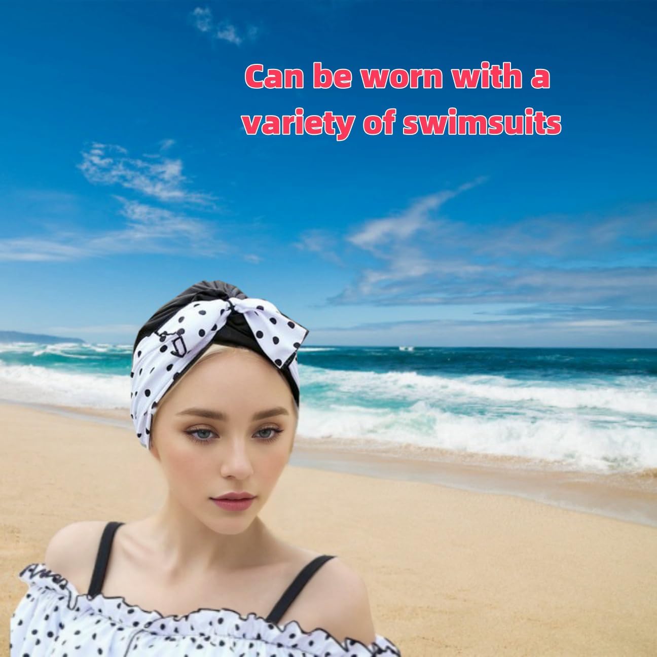 Luckiest MAP Swim Caps Women Adult Retro Polka Dot Bowknot SwimCap for Long and Short Hair Protection,Contouring of The Face, for Swimming Pool/Beach/spa Resorts/Water Aerobics/Spa/Water Park