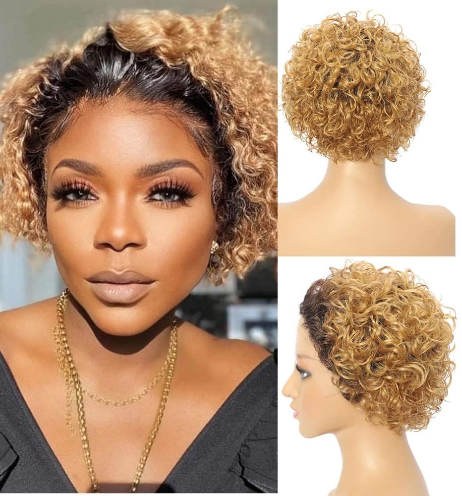ELIO Ombre Short Curly Lace Front Human Hair Wig for Black Women - T/27 Pixie Cut Pre-Plucked With Baby Hair - 150% Density