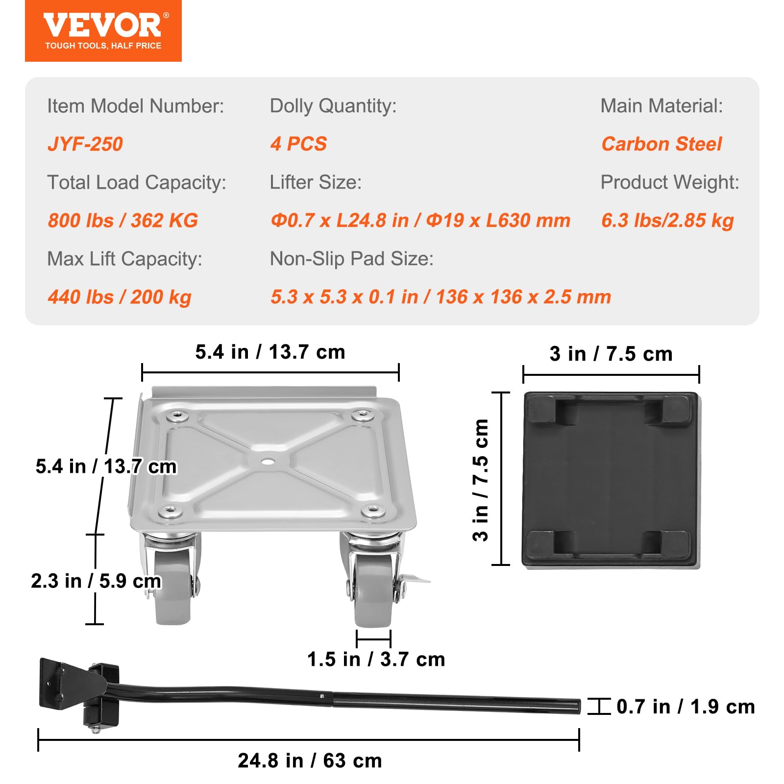VEVOR Set di Pattini a Rotelle 4 Pezzi per Trasporto di Carichi Pesanti Mobili Grandi Capacità Carico Max. 227kg, Pattini in Acciaio al Carbonio Ruote in PP Rotazione a 360°, Carrello Traslochi 4 Pz