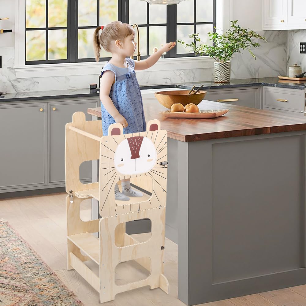 Lernturm 3 in 1, Lernturm für Kinder, Montessori Beobachtungsturm aus Holz, rutschfeste Oberfläche, Tisch und Stuhl für Kinder (Igel)