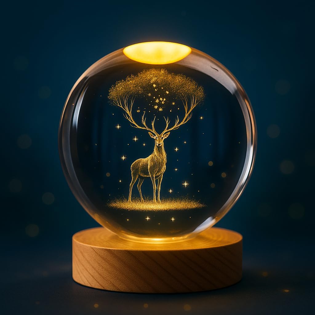 3D Deer Crystal Lamp – Engraved Crystal Ball LED Night Light with Wooden Base, USB Powered, Warm Ambient Lighting for Home, Office, Kids Room, Gift Bedroom Home Decor Gift-image-20