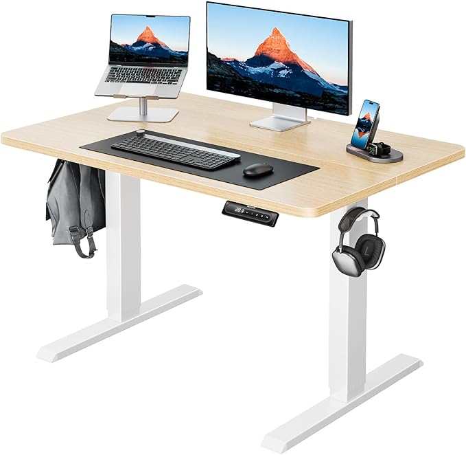 HUANUO 40" x 24" Electric Standing Desk Adjustable Height, 4 Memory Height Settings, Headphone Hook, Cable Manager, Sit Stand Up Desk for Home Office & Computer Workstation, Natural