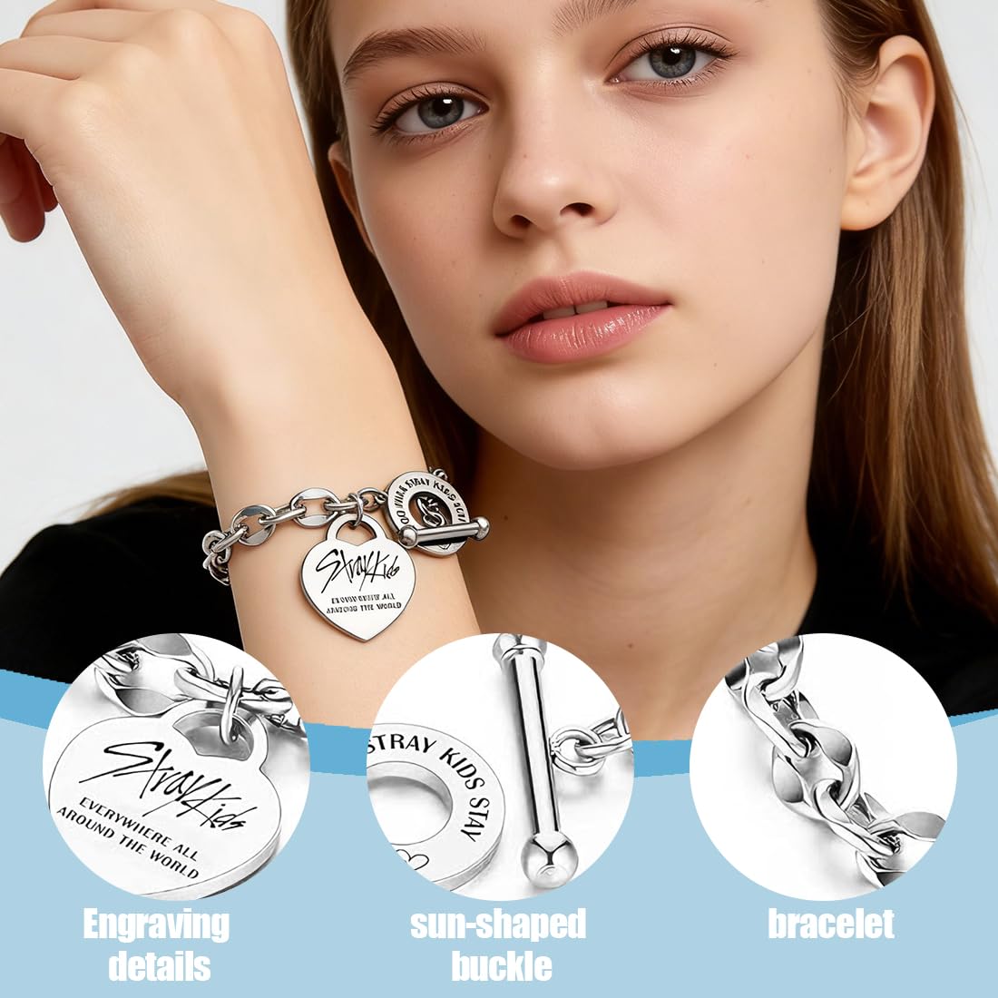 Stay Pulsera de acero inoxidable,Stay-Kids Merch,Pulsera Unisex de Plata,con Colgante de Corazón,Ajustable,Kpop Merchandise,Perfecto para Fans y Regalos