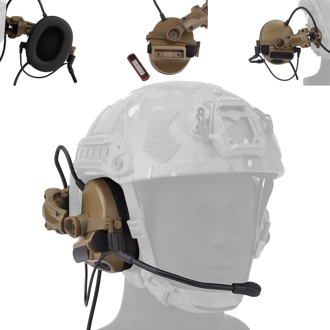 Wqzxm Tan Tactical Headsets With Fast Helmet Rail Adapter Military Hunting Shooting Ear Protection Headset Army Communication Accessories(Tan)