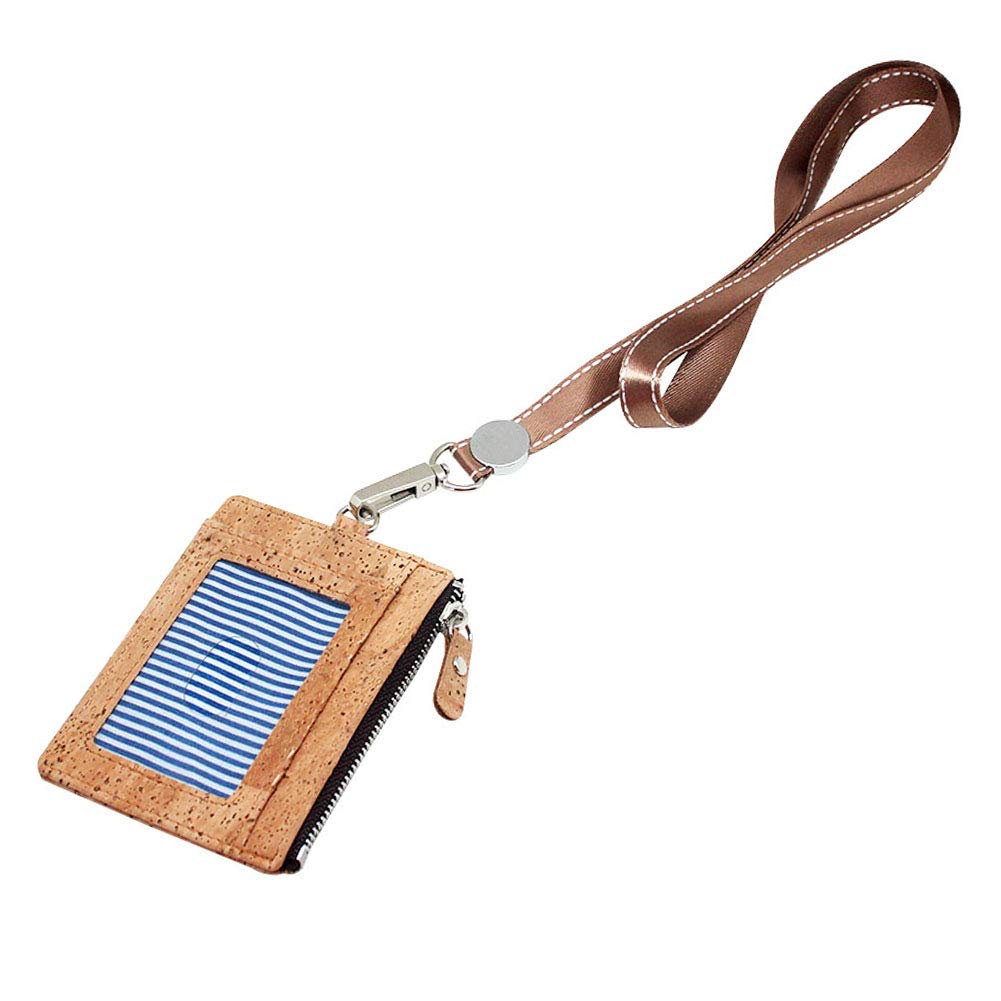 Cork Badge Holder with Zipper, Eco-Friendly Cork ID Credit Card Holder Wallet with Neck Lanyard Strap for Offices ID, School ID, Driver Licence
