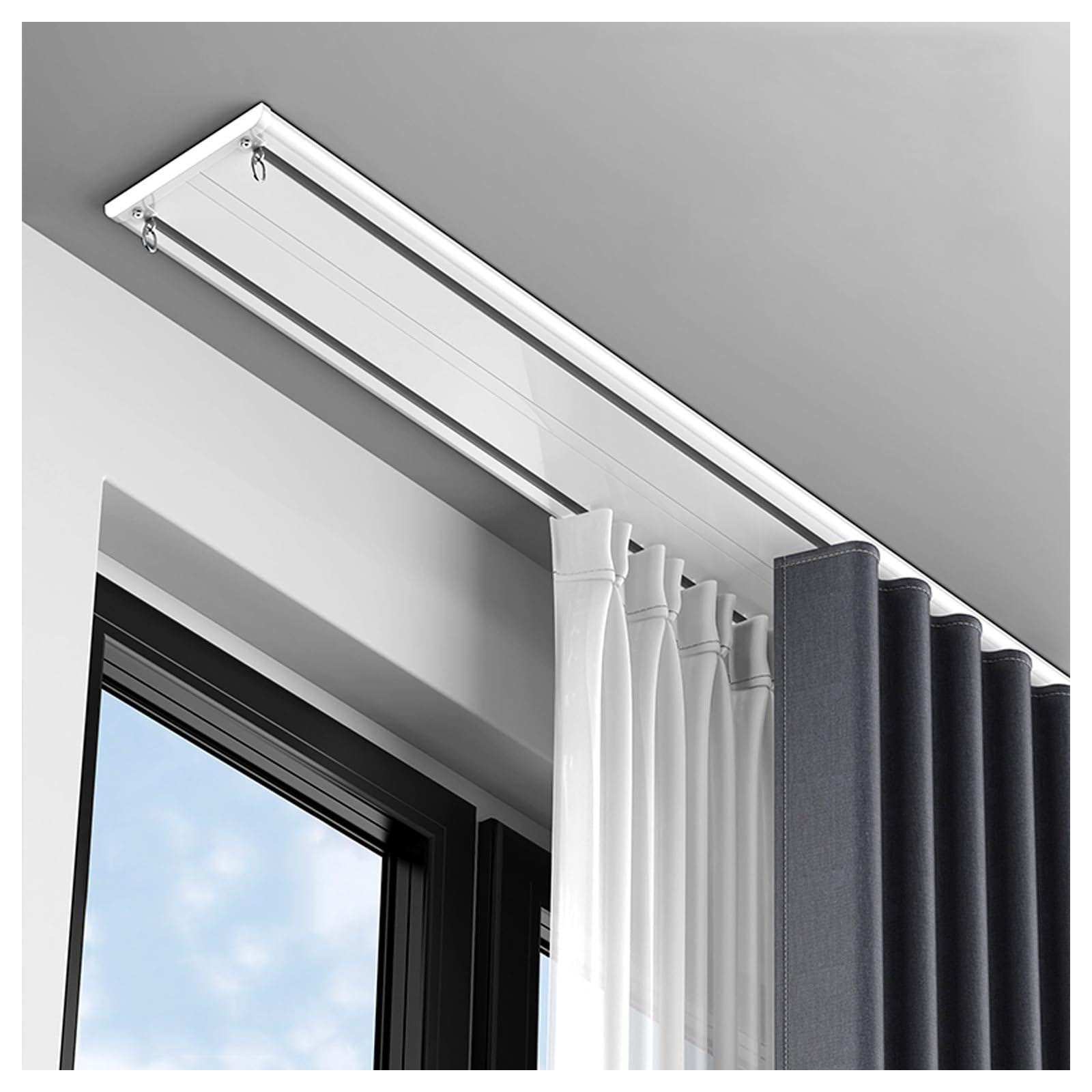 Glide Curtain Track 120/170/250/350/470/500cm Ceiling Mount For Curtain Rail RV Room Divider Ceiling Curtain Rod Double Track For Curtains(White,230cm) — image 1
