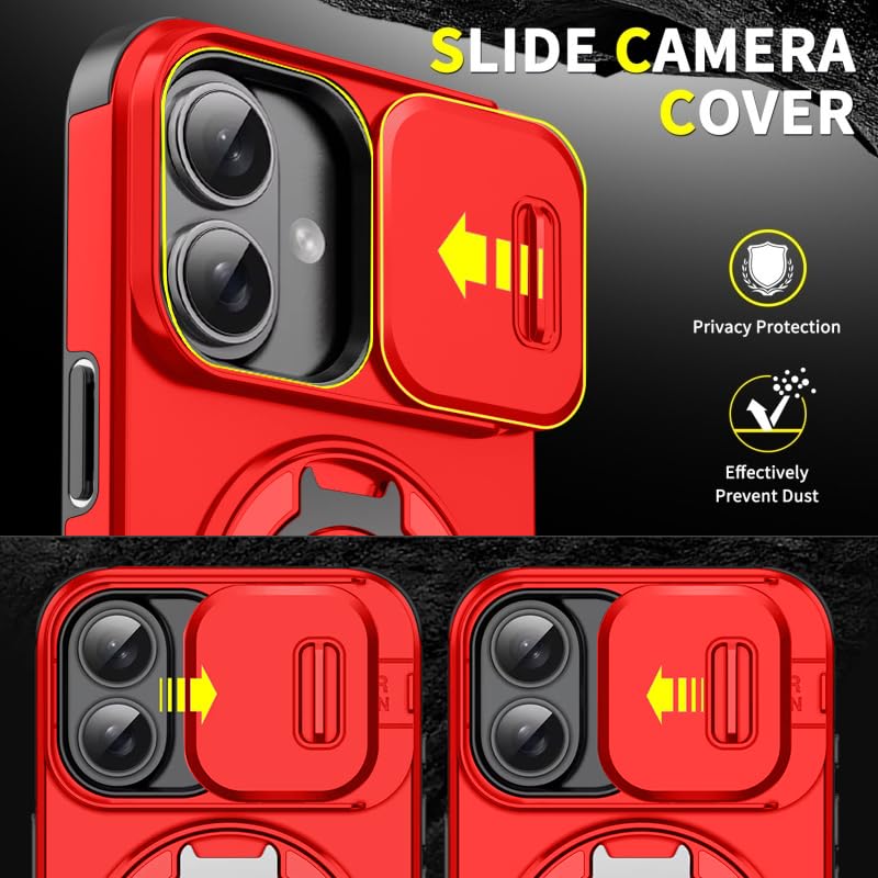 Image of LuxuryKase Shockproof Rugged Case for iPhone 16 Plus | Slide Camera Cover | 360 Rotating Ring Kickstand | Military-Grade Protection - Cherry Red