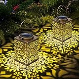 2 pack solar lanterns outdoor waterproof - metal solar garden lights, solar outdoor lights