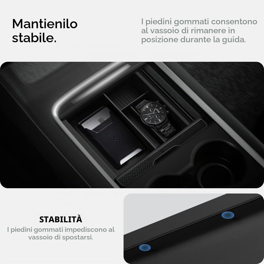 Spigen Tesla Model Y (~2024) e Model 3 (2021-2023) Organizer Console Centrale con Tecnologia di Scivolo Liscio, Vano Portaoggetti per Console Centrale Accessori Tesla - Carbon Edition
