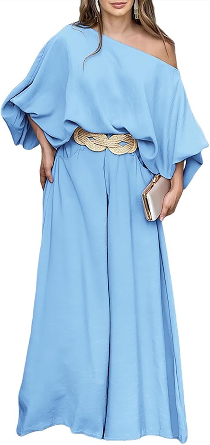 CHICME Women Summer 2 Piece Outfits Off Shoulder Lantern Sleeve Top Flowy Wide Leg Pants Set