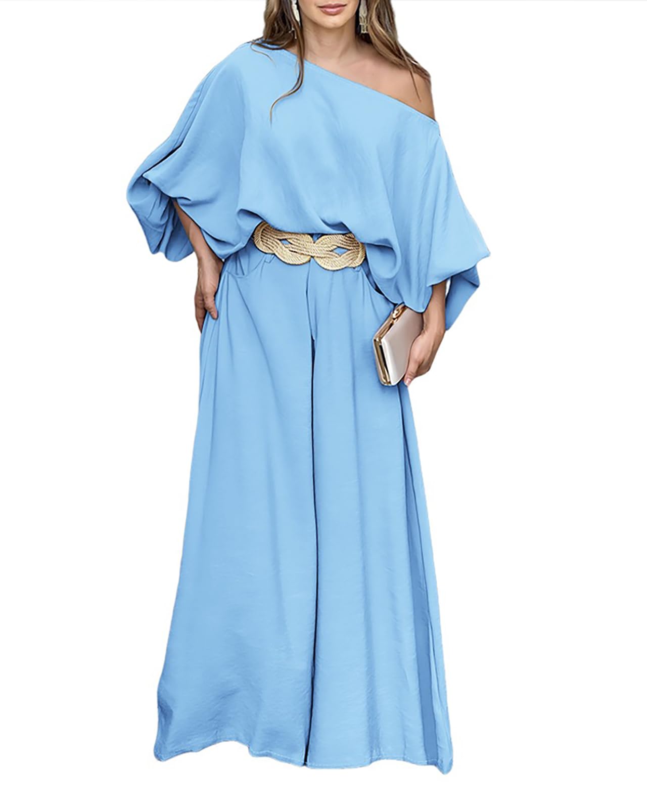 CHICME Women 2 Piece Summer Outfit Off Shoulder Flowy Wide Leg Pants Set
