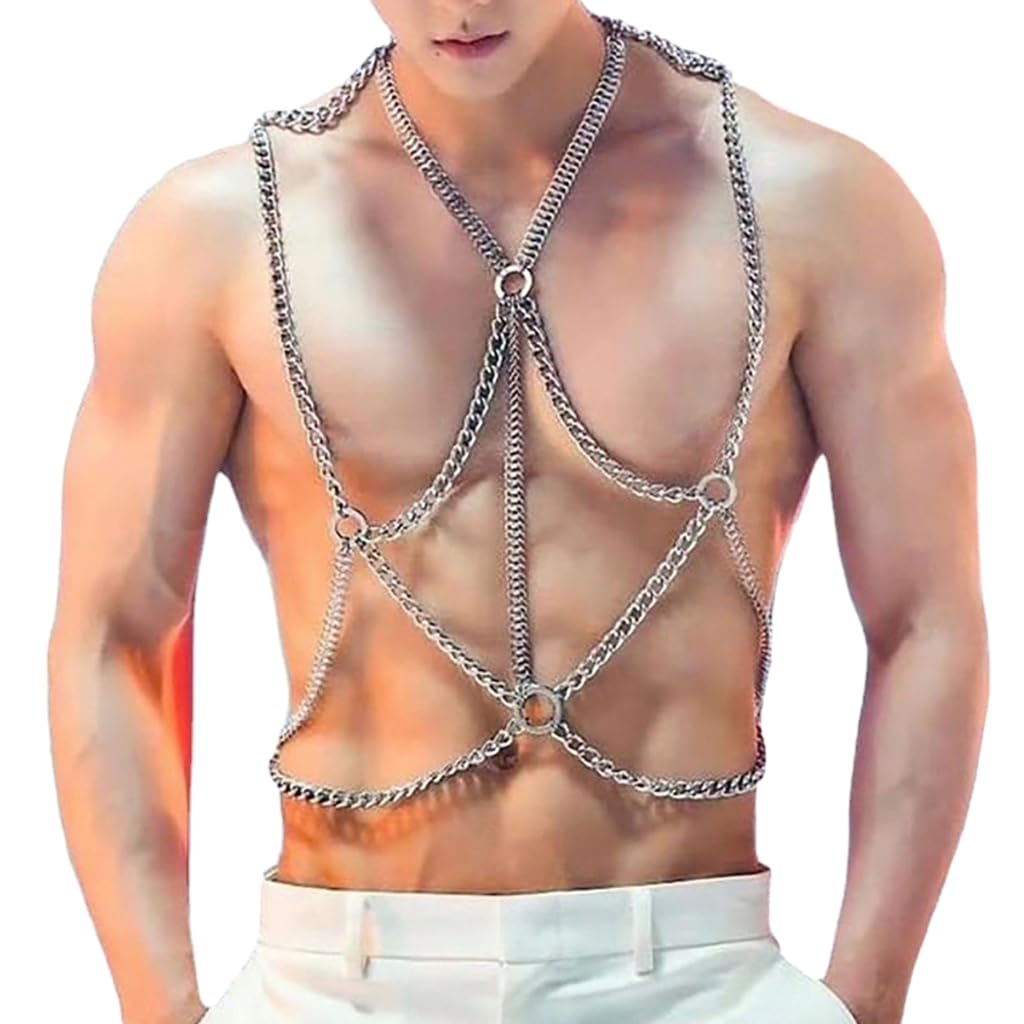 sodeber Punk Body Chain Chest Harness Men Metal Chain Punk Gothic Carnival Clubwear Clothing Accessories Belt Leat