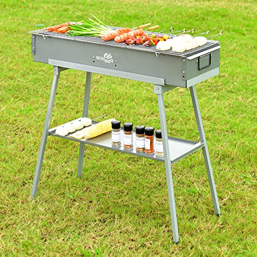 WILLBBQ Commercial Quality Portable Charcoal Grills Multiple Size Hibachi BBQ Lamb Skewer Folded Camping Barbecue Grill for Garden Backyard Party Picnic Travel Outdoor Cooking Use(31.6x10.3x5.1 inch)