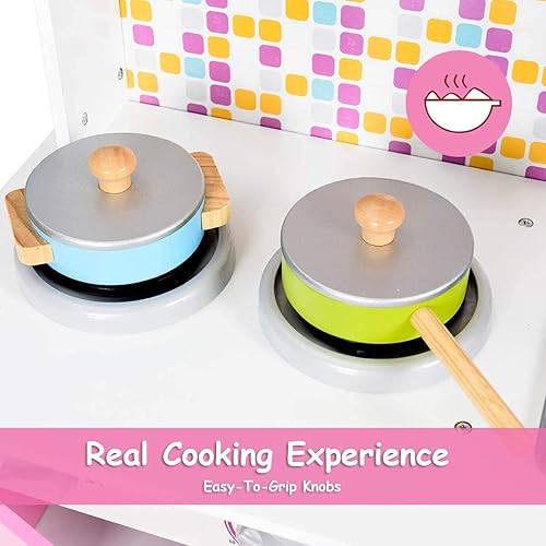 Miniatura 5 de OLAKIDS - Juego de cocina para niños, juego de alimentos de cocina de madera para niños pequeños con estufa de simulación, microondas, horno,