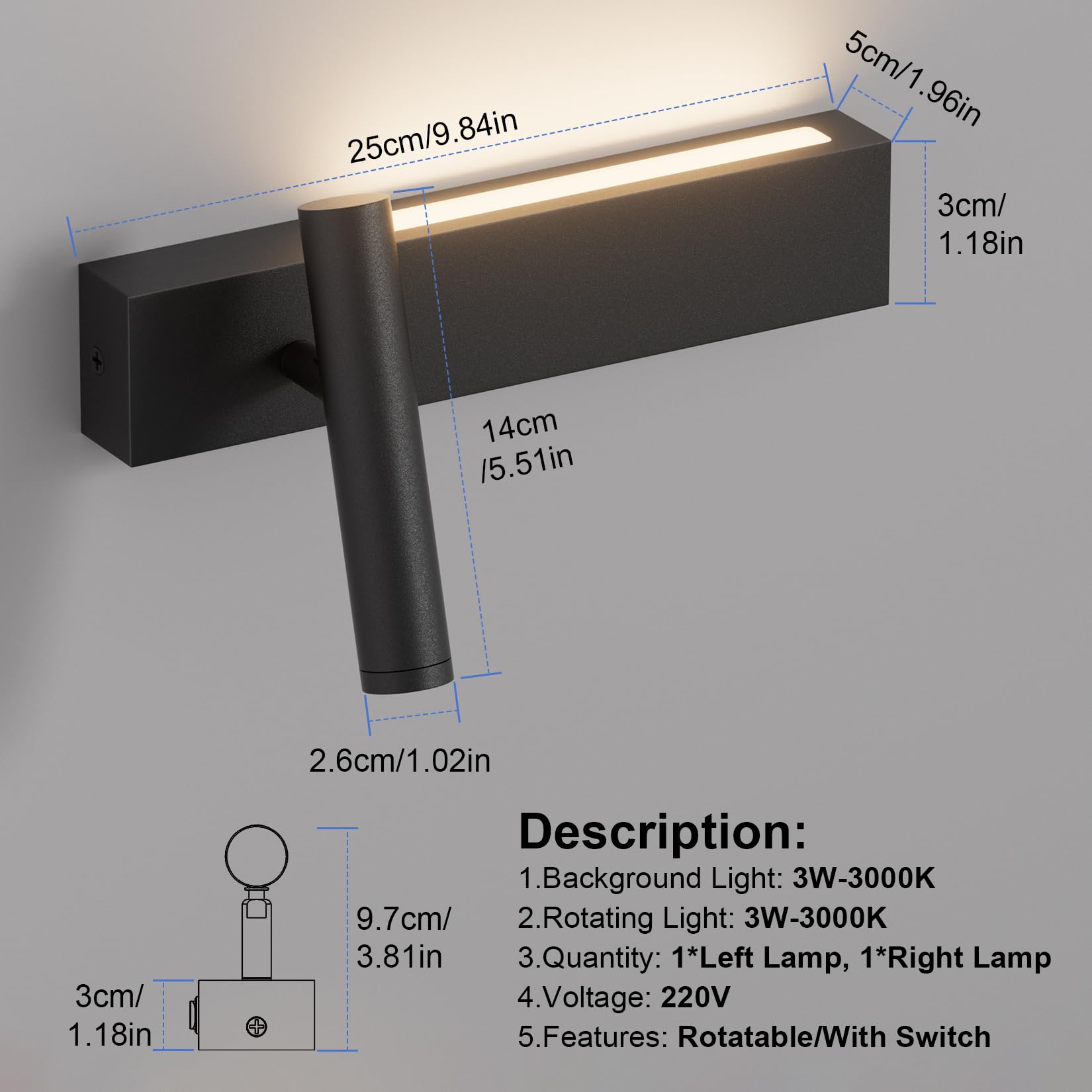 Klighten 2 Stück LED Wandleuchte Innen, 3W+3W Wandleuchten 2 flammig, 3000K Wandlampe mit 2 Schalter, Rundes Wandstrahler 330°Drehbar /60°Verstellbarer, für Schlafzimmer, Aluminium, Schwarz, Warmweiß