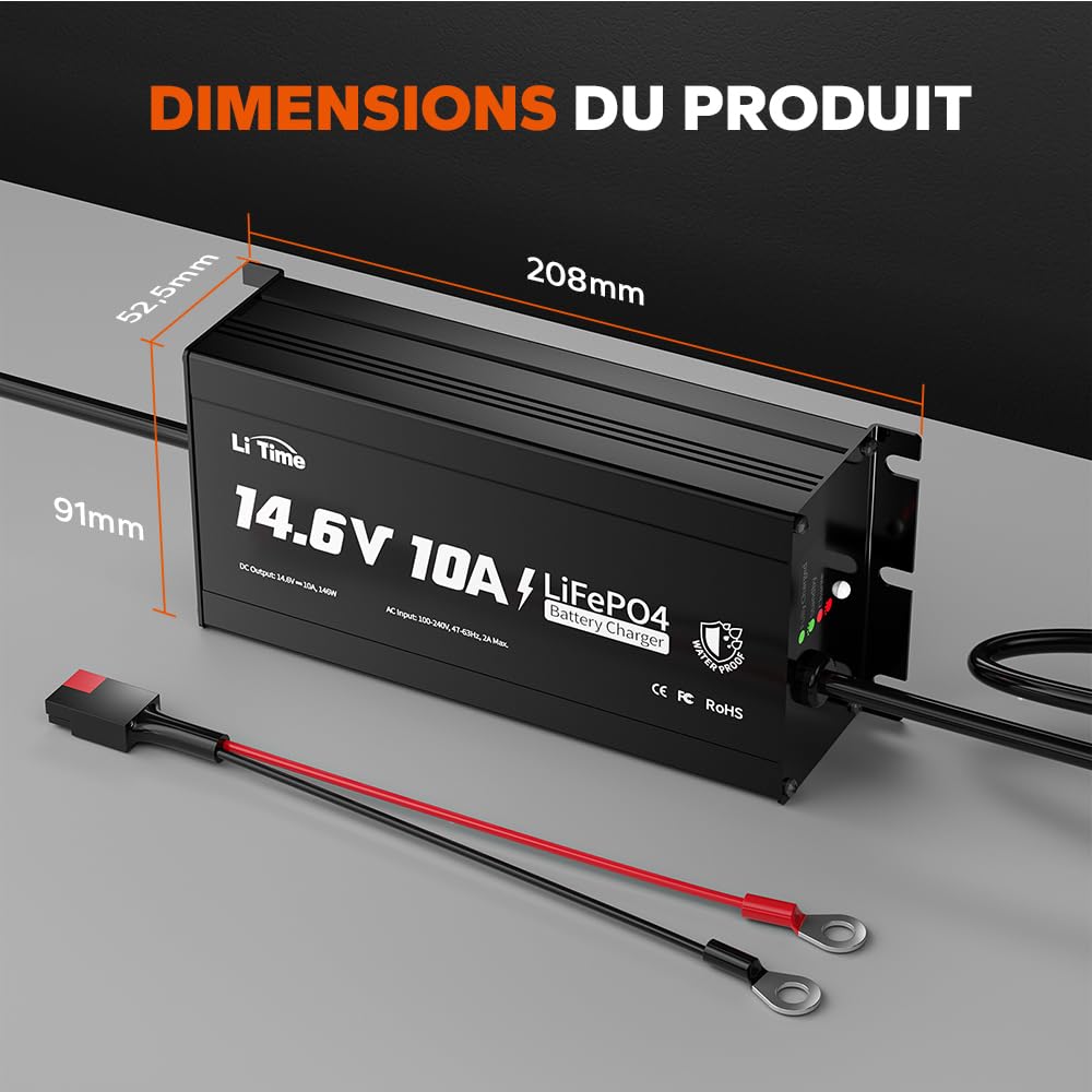 LiTime 14.6V 10A Chargeur LiFePO4 étanche IP67, Chargeur AC-DC au Lithium LiFePO4 avec Fonction de Charge Intelligente à 0V, indicateur LED