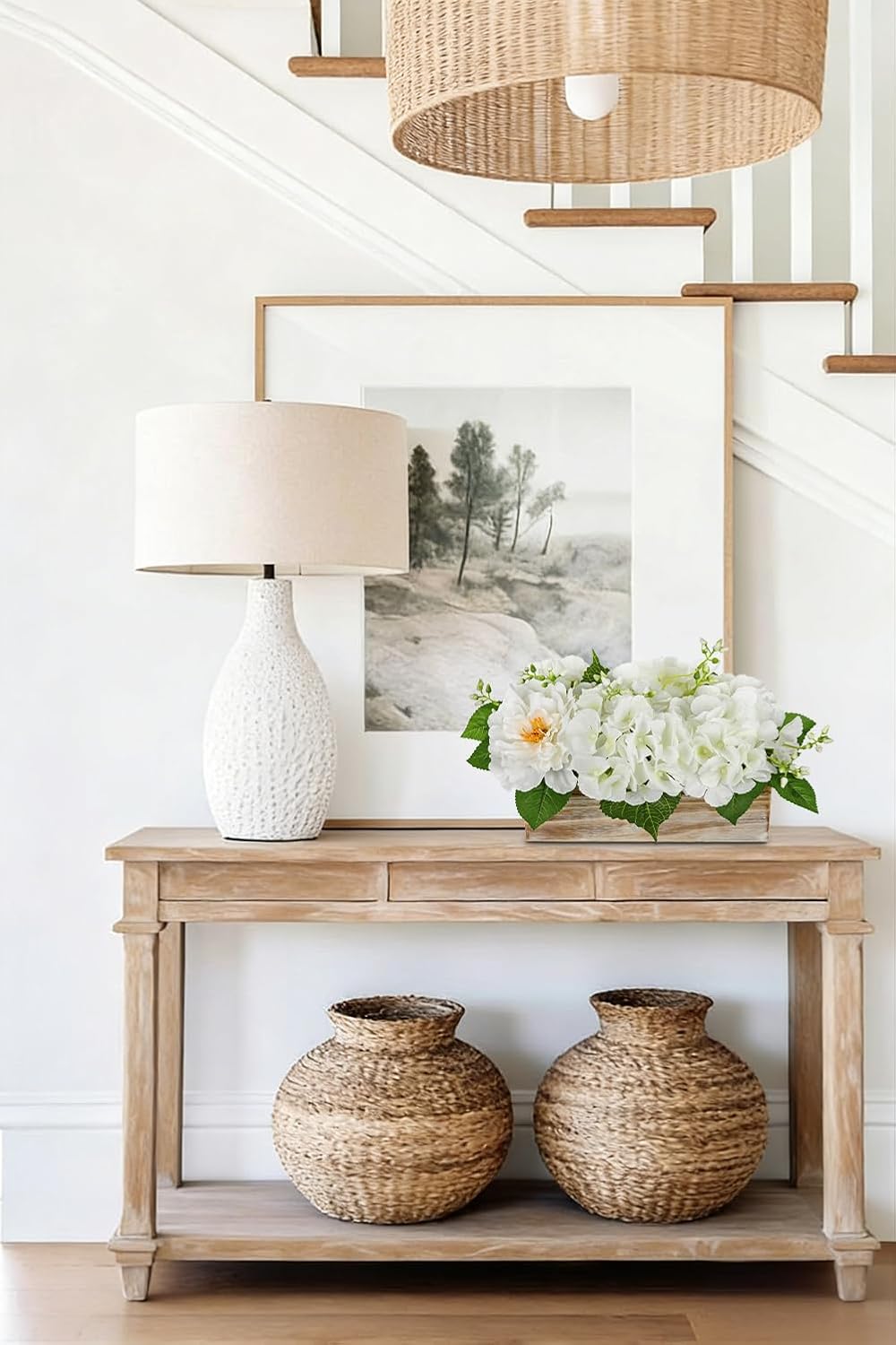 White Hydrangea Artificial Flowers in Wooden Pot Faux Silk Hydrangea Flowers Potted Fake Flower Floral Arrangement Centerpiece for Dining Table Home Shelf Wedding Farmhouse Kitchen Indoor Decor