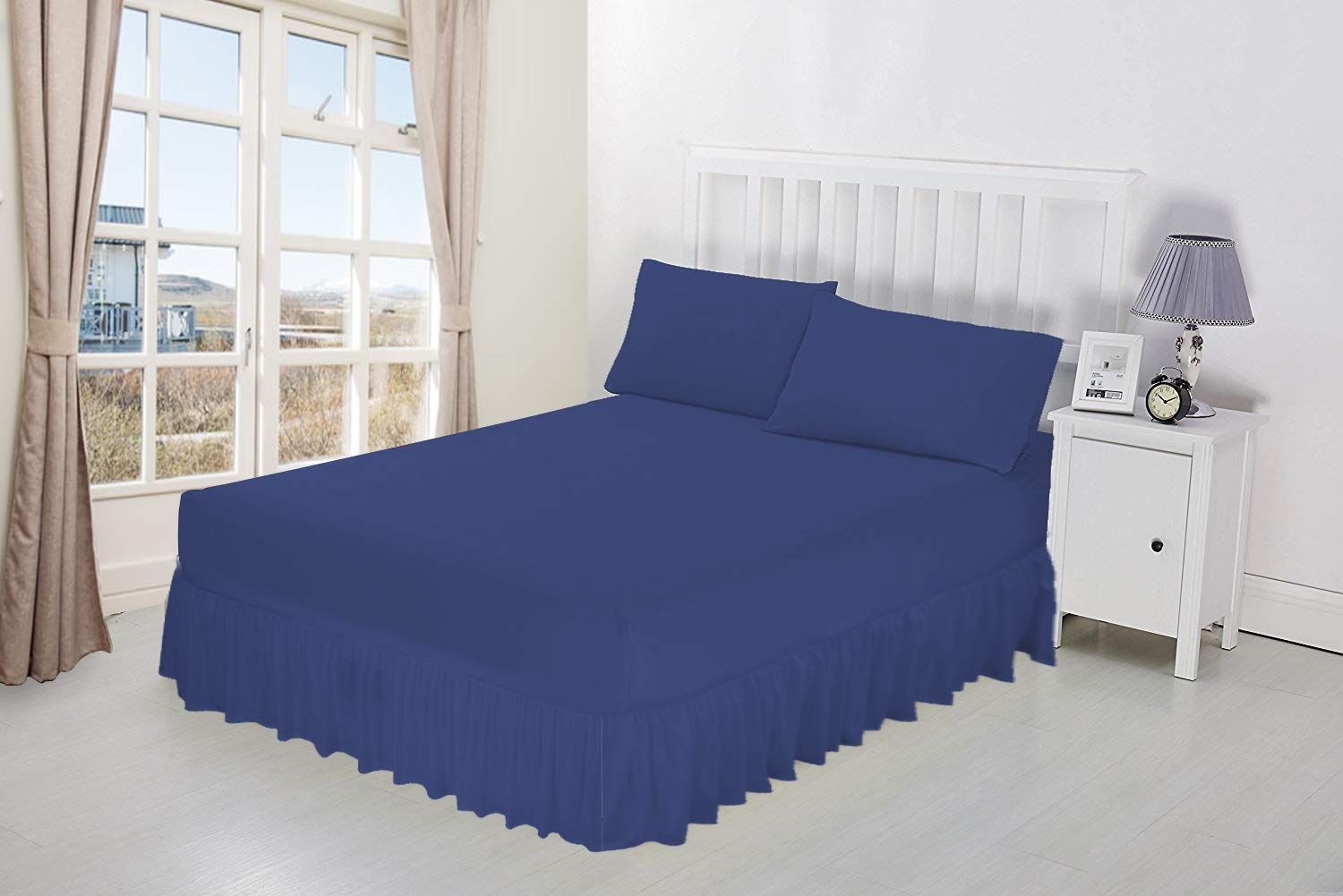 NIYS Luxury Bedding 100% Egyptian Cotton Frilled Valance Fitted Sheet In 12 Colours (Super King, Navy)