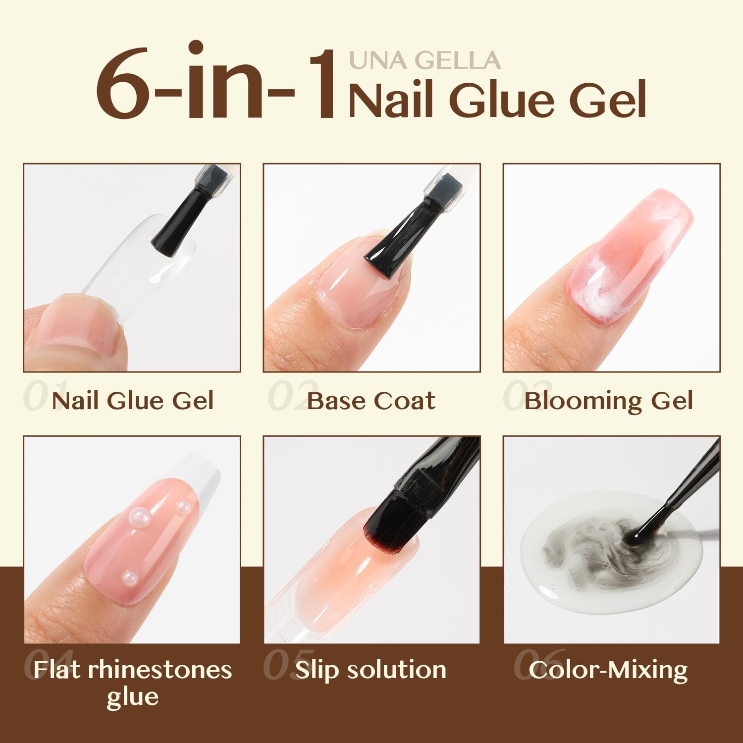 UNA GELLA 6 in 1 Nagelkleber für Kunstnägel, 15ml UV Gel Nagelkleber Langanhaltend Superstark mit Pinsel als Base Coat, für Fake Nails & Soft Gel Tips, Aushärtung mit Lampe erforderlich