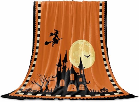 Flannel Fleece Blanket 60" x 80", Halloween Castle Microfiber Cozy Soft Throws for Women, Full Moon Night Evil Witch Pumpkin Orange Lightweight Throw Blankets for Couch, Sofa, Living Room, Bedroom