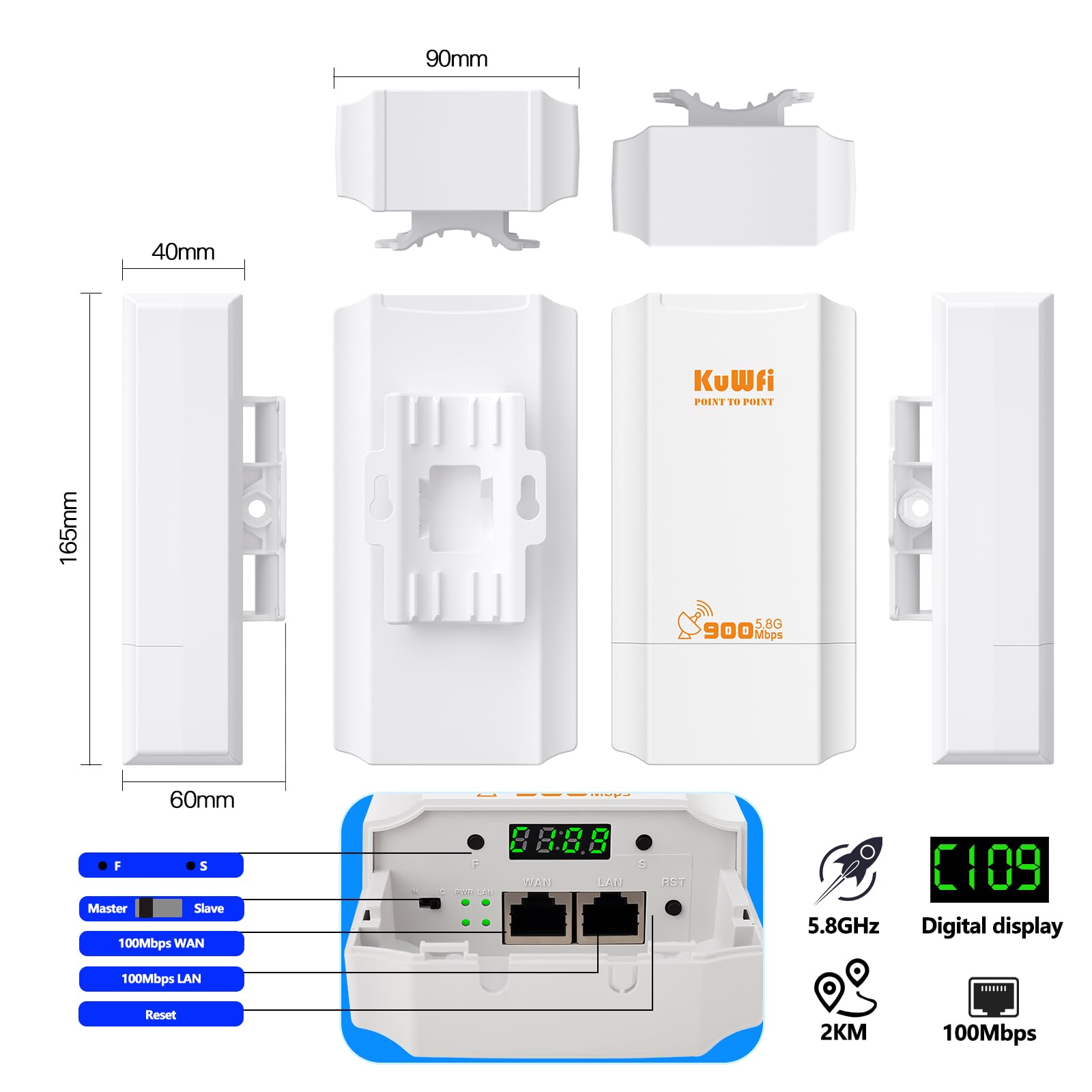 KuWFi Pont sans Fil Externe, 5,8 G sans Fil Bridge 900 Mmbps, 12 dBi antenne WiFi Longue Distance avec écran LED, Solution de Transmission 2 KM, accès Point WiFi pour caméra