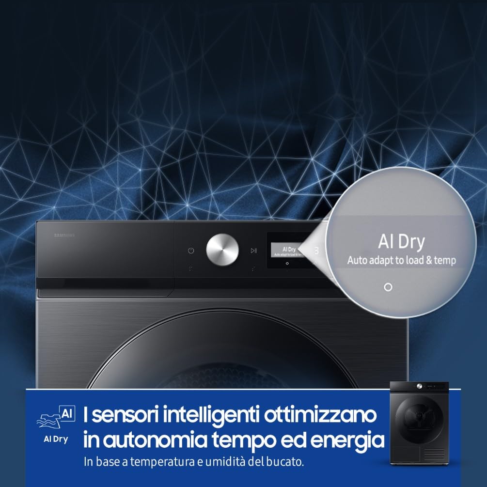 Samsung Asciugatrice Bespoke AI DV90DB7845GB/U3, 9 kg, Pompa di Calore, Wifi, QuickDrive, AI Dry, Hygine Dry, Carica Frontale, 60L x 85H x 60P cm