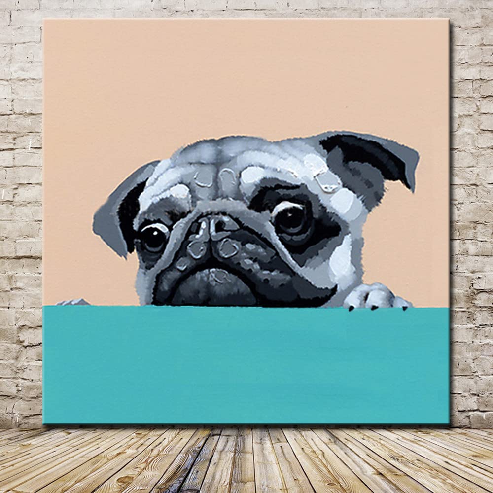 Peinture à l'huile de chien mignon faite main sur toile carrée sans cadre