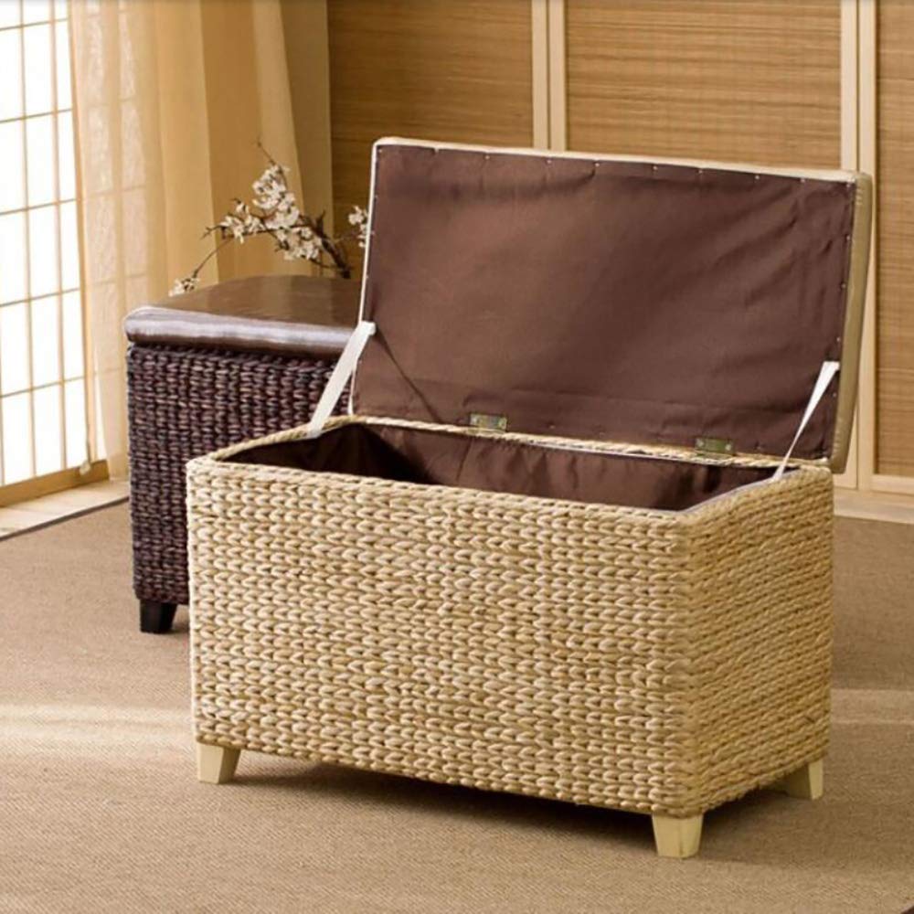 Rattanowa ławka do przechowywania, ręcznie robione wiklinowe pudełko do przechowywania zabawek, wielofunkcyjny podnóżek, stylowy organizer na koniec łóżka, 61 x 30 x 40 cm (24 x 12 x 16 cali)