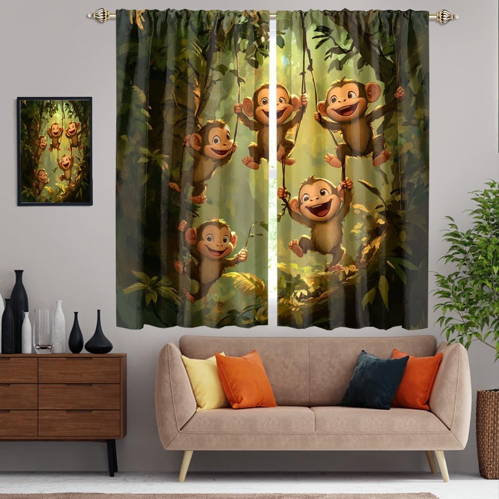 Abstract Watercolor Animal Monkey Blackout Curtains Rustic Anime Cartoon Forest Wildlife Monkey Soft Blackout Curtains for Bedroom Living Room 2 Panels 63" L x 21" W