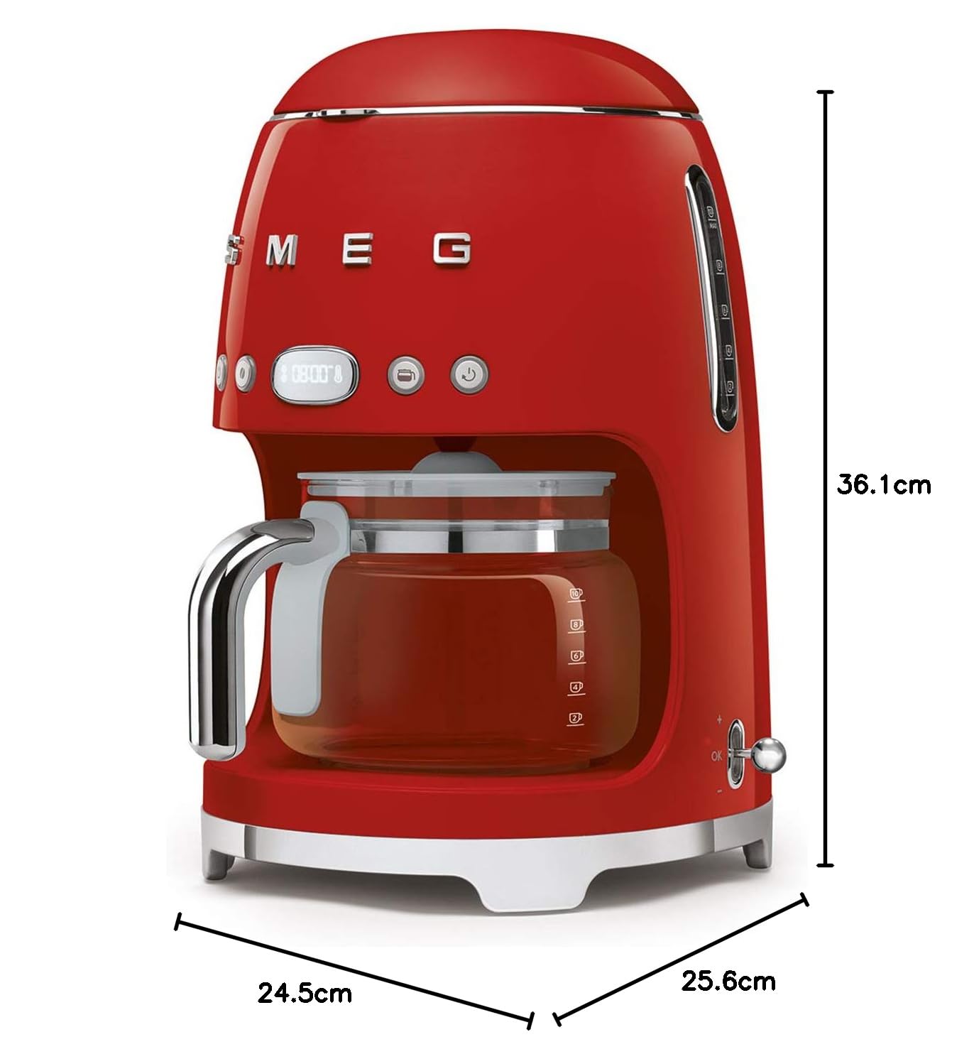 Smeg, Macchina da Caffè Filtro DCF02RDEU, Funzione Aroma e Autostart, Caraffa in Vetro Fino a 12 Tazze, 2 Livelli di Intensità, Modalità Keep Warm, 1050W, Rosso