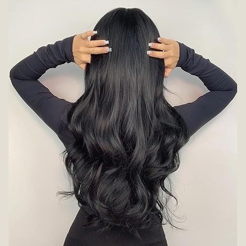 Miniatura 4 de Peluca de longitud larga rosa sintética resistente al calor naturaleza rizada ondulada pelucas con flequillo para fiesta diaria Cosplay (WL-059)