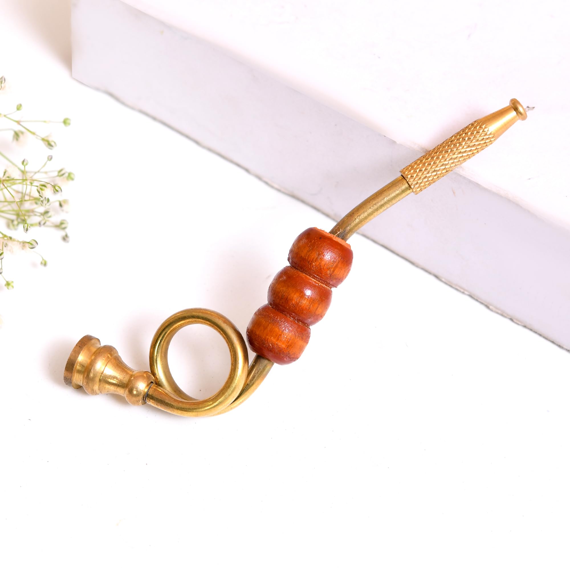 Mini Brass Smoking Pipe with Wooden Beads – 4.7 inch Handcrafted Hukka Style Pipe for Home Décor or Collectible-image-4