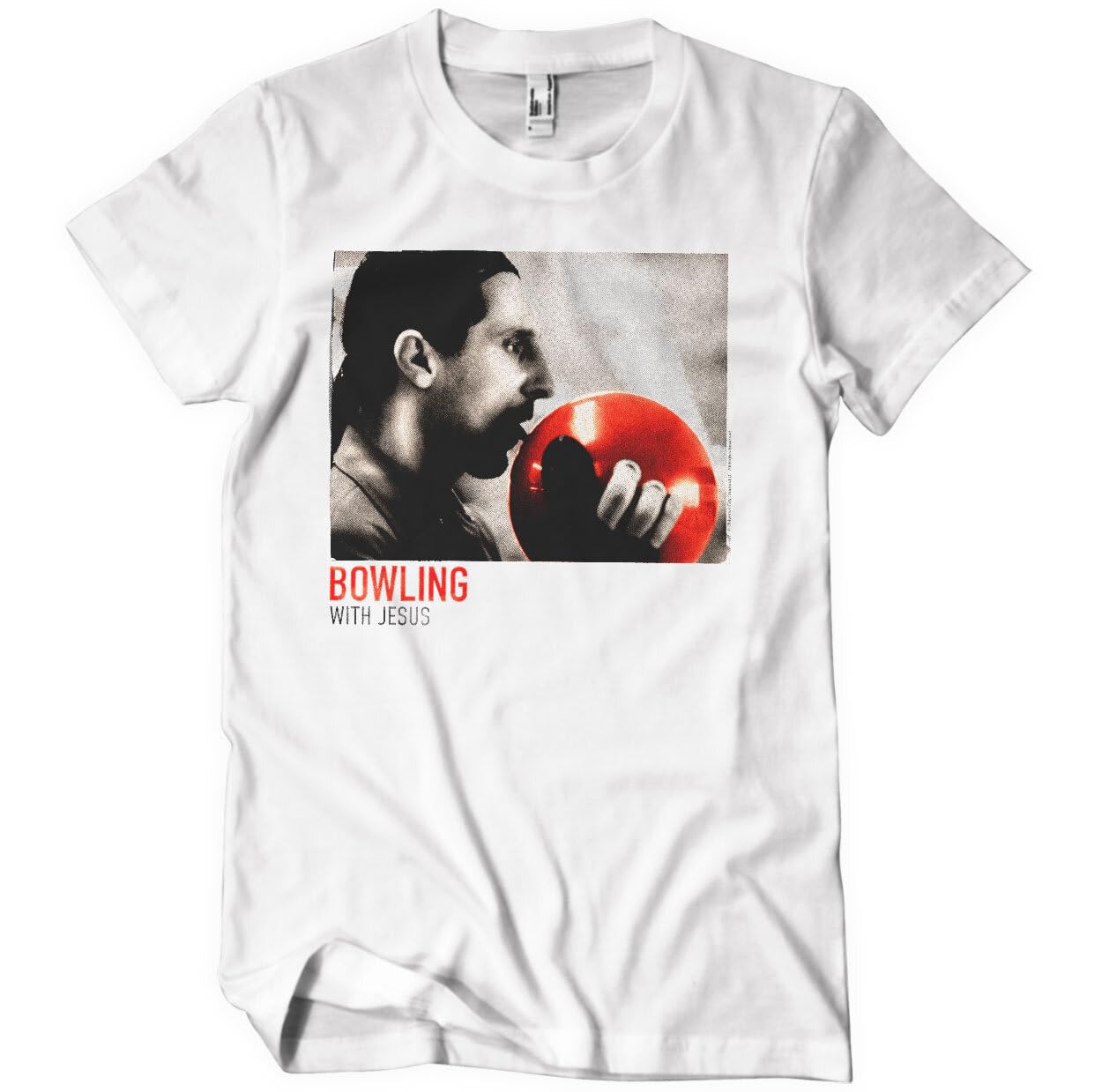 The Big Lebowski Officially Licensed Bowling with Jesus Mens T-Shirt (White), Large